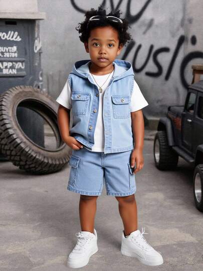 YOUNG BOYS Denim Set, Mid-Blue Vintage Color, Hooded Vest Top Paired With Loose Cargo Denim Shorts, Casual Street Style