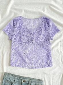 SHEIN Áo ren mỏng nhẹ cổ chữ V dễ thương, ôm vừa vặn, dễ thương, kiểu dáng học sinh, áo ren tay ngắn thanh lịch - Màu tím hoa cà - Xem 3