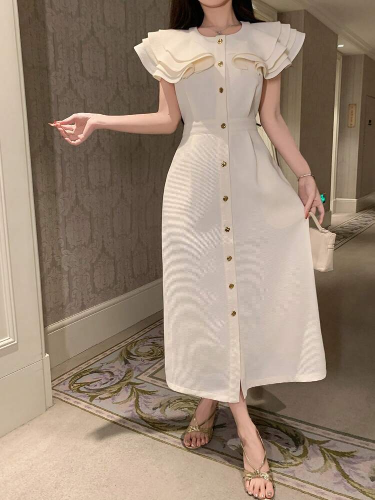 White Midi Dress, Elegant & Fitted, Suitable For Spring/Summer, Weddings, Parties, Formal Occasions, Commuting