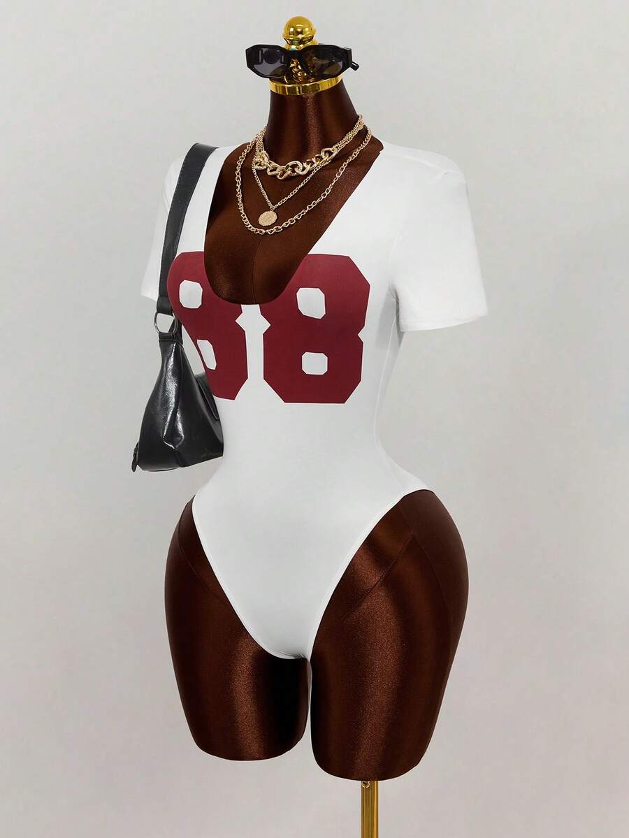 Mistrie 数字印花圆领连体衣，时尚短袖 - 彩色 - 查看 1