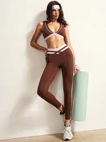 VARSIVA 女士拼接撞色运动文胸上衣和紧身裤休闲日常健身瑜伽运动服套装 - 彩色 - 查看 2