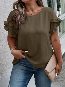 SHEIN Clasi 大码夏季休闲纯色荷叶边衬衫 - 棕色 - 查看 5