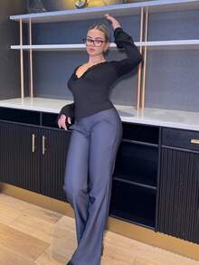 Bethéva Women's Slim Fit V-Neck Contrast Lace Solid  Long Sleeve Casual Top Tee - Black - View 6