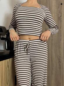 Bethéva 女式条纹简约长袖上衣和系带阔腿裤休闲两件套服装 - 彩色 - 查看 3