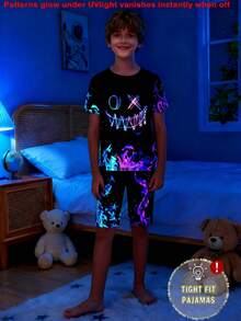 两件套儿童/青少年男童休闲日常百搭舒适印花圆领宽松套头短袖上衣和短裤针织紧身睡衣套装 - 彩色 - 查看 8