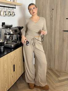 Bethéva 卡其色休闲罗纹长袖T恤和裤子套装 - 卡其色 - 查看 6