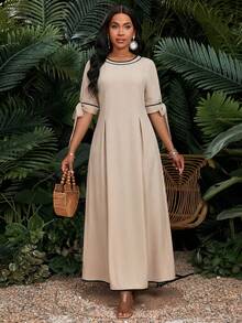 SHEIN Lady 女士度假圆领短袖打结设计优雅中长连衣裙 - 彩色 - 查看 6