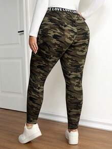 SHEIN CURVE+ 大码女式迷彩印花紧身裤，腰部饰有字母和春季花卉印花图案 - 彩色 - 查看 2