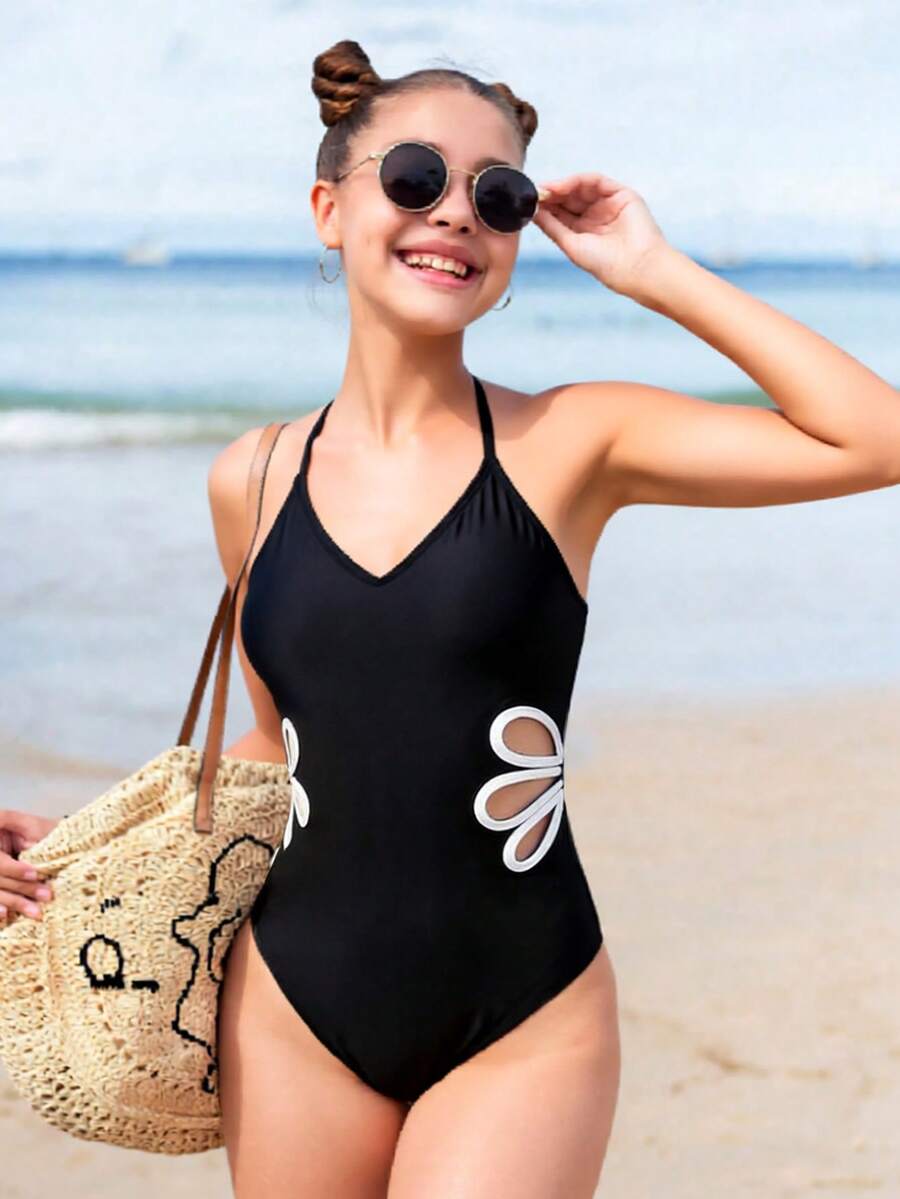 SHEIN Teen Girls' Black Floral Cutout One-Piece Swimsuit, Snug Fit, Sleeveless, Sweet Beach Vacation Surfing - Black - View 1