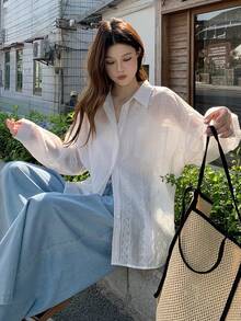 DAZY Áo kiểu nữ dài tay thêu hoa, chất liệu mỏng nhẹ, dáng rộng, thích hợp cho mùa hè. - Màu xanh nhạt - Xem 6