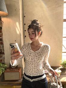 DAZY 女士蕾丝荷叶边系带碎花修身T恤 - 白色 - 查看 7