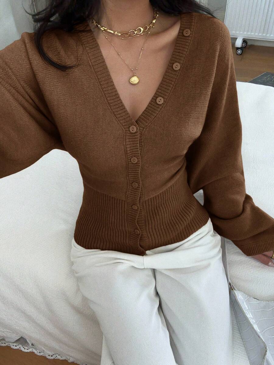 Siren Gaze Women's Solid Color Button-Up Fitted Waist Knit Cardigan, Casual Everyday Wear, Autumn/Winter - Coffee Brown - View 1