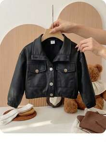 时尚户外女婴纯色仿 PU 皮革大口袋长袖翻领夹克，百搭，适合秋冬季 - 黑色 - 查看 8