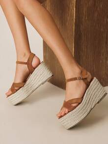 Styleloop 女士草编绳交叉绑带高跟圆头凉鞋 - 棕色 - 查看 5