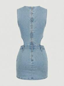 Sweetra 女士 Y2K 修身百搭镂空牛仔紧身连衣裙 - 淺色水洗藍 - 查看 3