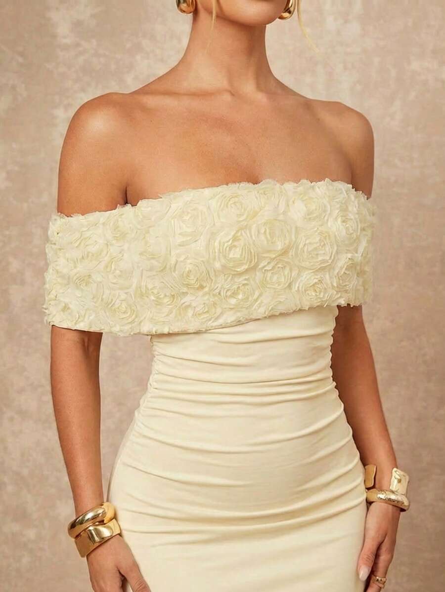 Lumalex 优雅浪漫黄色露肩网纱刺绣荷叶边修身连衣裙，适合女士出席奢华舞会、聚会、宴会、低调奢华的节日派对、锐舞派对、音乐节、郊游、度假、户外派对、婚礼季、宴会、宰牲节、情人节、新年等场合，亮片装饰，尽显派对魅力。适合春夏派对、晚宴等场合。