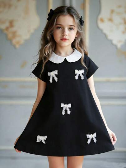 1pc Young Girl Luxury College Style Black Doll Collar Dress, White Contrast Collar + Pearl Bow Decor + Keyhole Cutout Design, A-Line Silhouette, Suitable For Weekend Outing, Party, Birthday Celebration, Back To School