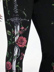 ROMWE Goth Spring/SummerWomen's Dark Forbidden Forest Sword Rose Floral Print Leggings - Black - View 6