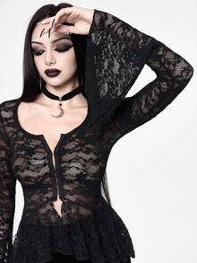 ROMWE Gothic Spider Web Lace Sheer Fitted Women Blouse - Black - View 8