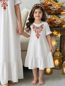 Girls' Casual Vintage Printed Pattern Minimalist V-Neck Ruffle Hem Dress, Loungewear - Apricot - View 12