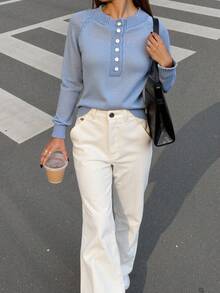 INAWLY Shiny Round Neck Thin Sequin Mesh Long Sleeve Button Knit Cover Up, Hazy Blue - Dusty Blue - View 6