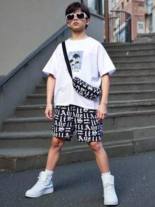 SHEIN 男童休闲风景图案短袖T恤和字母图案短裤两件套，带收纳袋，适合日常穿着，夏季适用，春夏季节，日常穿着、运动、郊游、上学、聚会、节日、拍照等场合。 - 彩色 - 查看 8