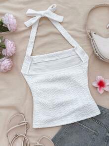 SHEIN 少女针织纹理露背吊带背心，适合夏季休闲日常穿着 - 白色 - 查看 2