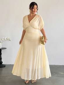 Firerie 大码舒适休闲优雅度假风褶皱V领弹力腰摆长连衣裙，春夏款 - 杏色 - 查看 6