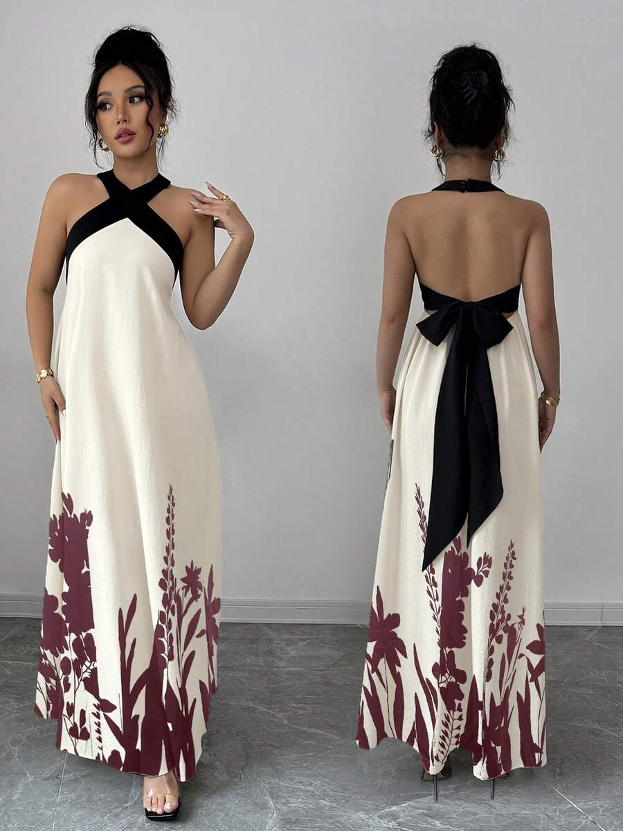 Rafferiza Đầm maxi nữ mùa hè phong cách Bohemian, cổ yếm, hở lưng, dây buộc nơ, phối màu tương phản, dáng xòe, họa tiết in nổi. - Đỏ - Xem 1