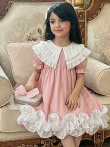 SHEIN Young Girl Woven Contrast Color Ruffle Hem Loose Dress,Suitable For Spring And Summer - Pink - View 2