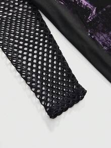 Goth 哥特暗黑学院猫咪印花网眼拼接宽松女款T恤 - 紫色 - 查看 4