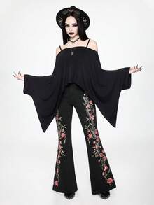 ROMWE Goth 女款哥特式蛇纹花卉刺绣低腰修身喇叭裤 - 黑色 - 查看 2