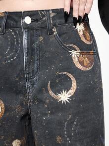 ROMWE Gothic Star & Moon Print Women Wide Leg Jeans - Black - View 4