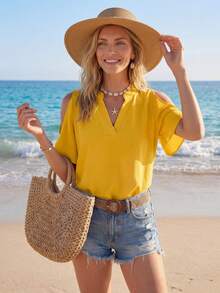 SHEIN LUNE Solid Cold Shoulder Notched Neck Blouse,Short Sleeve Tops - Yellow - View 3