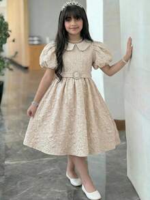 SHEIN Tween Girl Elegant Collared Jacquard Fabric Petal Sleeve Mid-Length Dress Tween Girl - Black - View 2