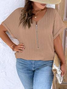 EMERY ROSE Plus Size Women's Solid Color Simple Daily Short Sleeve Shirt For New Year Clothes - Khaki - View 3