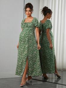 SHEIN Maternity Fashion Print Shirred Dress - Green - View 1