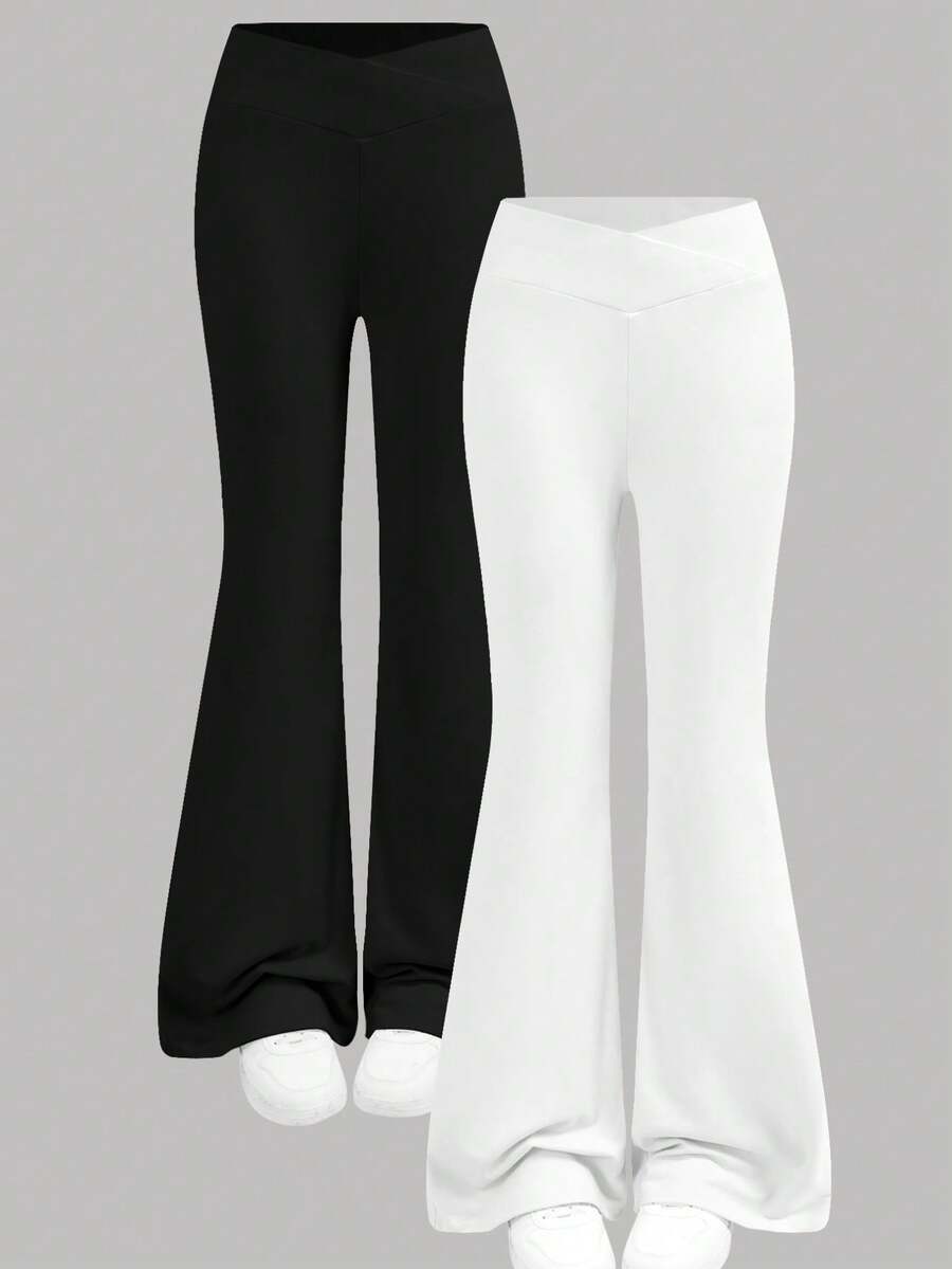 Girlism 2件套少女基础款中筒喇叭裤，黑白腰带交叉设计修身休闲喇叭裤套装 - 白色 - 查看 1