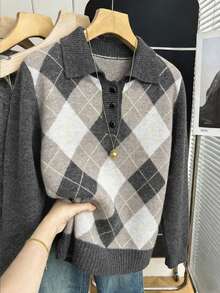 Pariaura Women's Retro Diamond Pattern Polo Collar Casual Pullover Sweater, Chic & Versatile, Suitable For Early Autumn/Winter - Multicolor - View 1