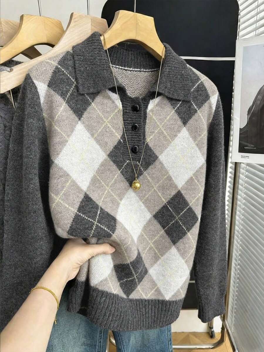 Pariaura Women's Retro Diamond Pattern Polo Collar Casual Pullover Sweater, Chic & Versatile, Suitable For Early Autumn/Winter - Multicolor - View 1