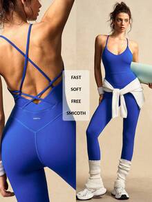 VARSIVA 夏季简约纯色交叉露背连体裤 - 藍色 - 查看 10