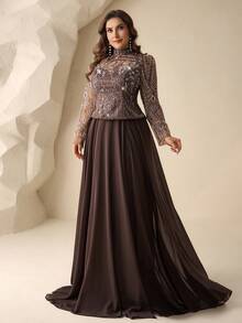 Coutiva Đầm dạ hội sang trọng cỡ lớn, cổ cao, kiểu dáng 2 trong 1, chất liệu chiffon đính sequin, phù hợp cho khách dự đám cưới, lễ tốt nghiệp, lễ hội đón mưa, sự kiện thảm đỏ, v.v. - màu nâu - Xem 1