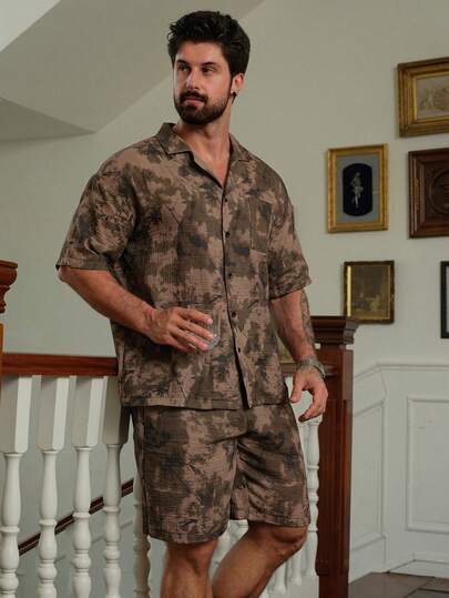 DAZY Conjunto de pijama de camisa de manga corta y pantalones cortos de tela texturizada para hombre de verano