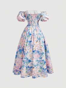 SHEIN MOD Đầm midi nữ trễ vai tay phồng họa tiết hoa, mùa xuân - Nhiều màu - Xem 4