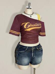 SHEIN ICON 大码女式字母印花短袖休闲不对称领二合一运动T恤 - 彩色 - 查看 10