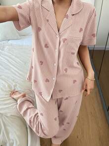 Dream Adore Bộ đồ ngủ nữ tay ngắn cổ bẻ in hình trái tim kẻ sọc - Hồng - Xem 6