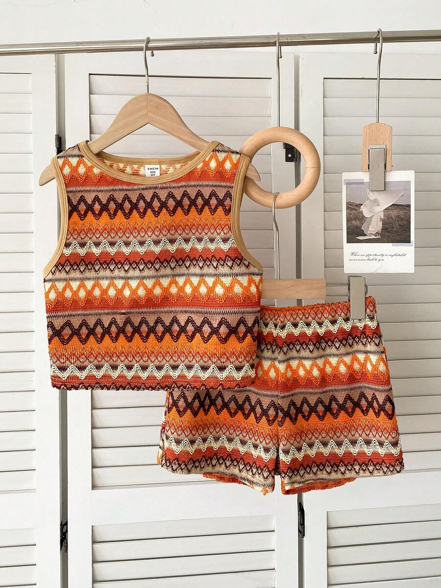 SHEIN 2pcs Tween Girl Knit Striped Crew Neck Casual Tank Top And Shorts Set - Multicolor - View 1