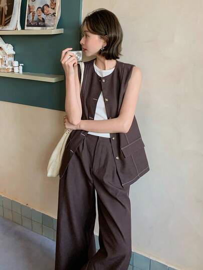 DAZY Women's Solid Color Round Neck Single-Breasted Top And Wide-Leg Pants Casual Two Pieces Set