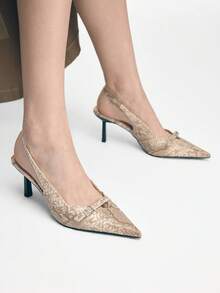 Mnmlis Snake Skin Embossed Metal Buckle Sandals, Pointed Toe Chunky Heel Design, French Retro Niche High-End Shoes - snake pattern - View 11