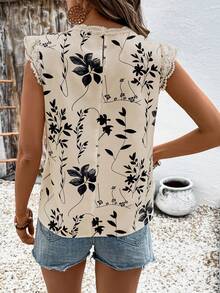 EMERY ROSE 女士春夏圆领几何叶印花蕾丝拼布盖袖直筒短上衣 - 杏色 - 查看 2